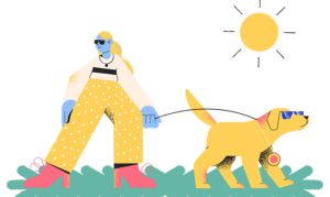 Grafisk illustration af kvinde og hund med solbriller på