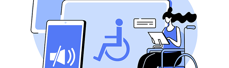 Tegning af kvinde i kørestol med skærme rundt omkring sig