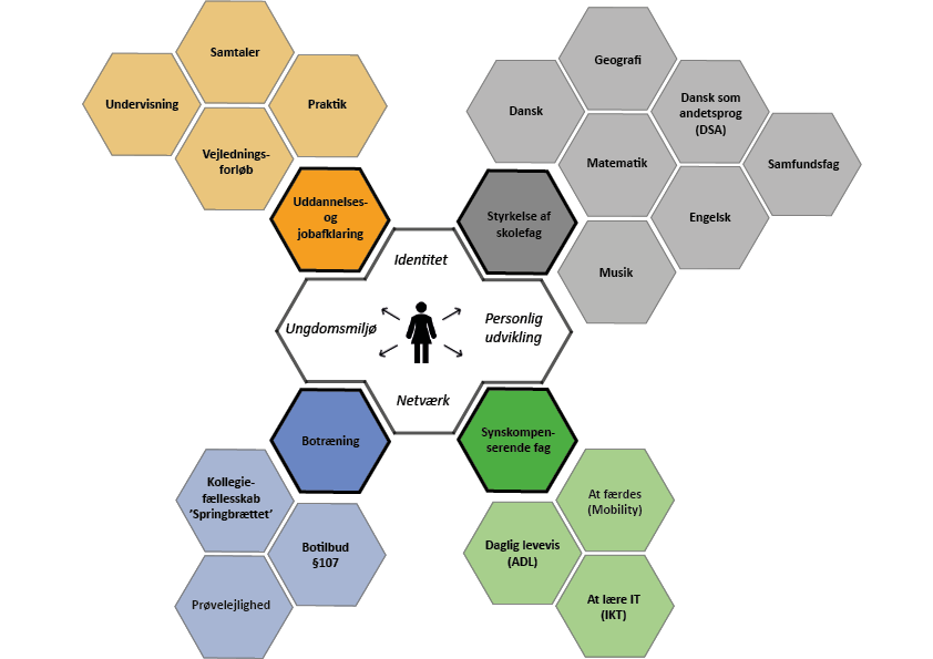 En model af ungekurset med sekskantede former der hver illustrerer muligheden for at kombinere forskellige fag.